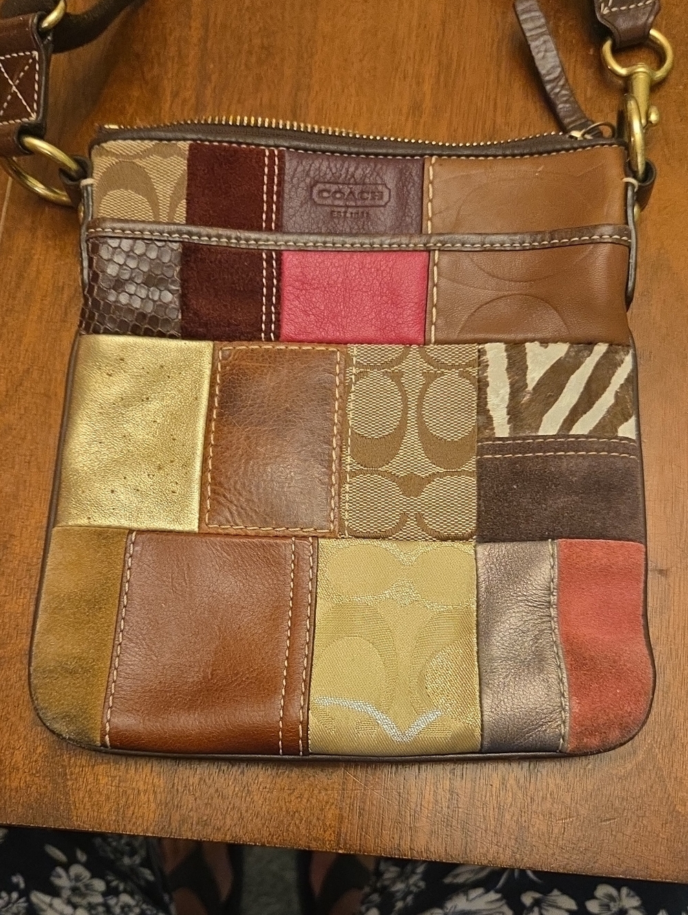 Coach Patchwork Leather & Signature Crossbody - Brown, Gold, Red